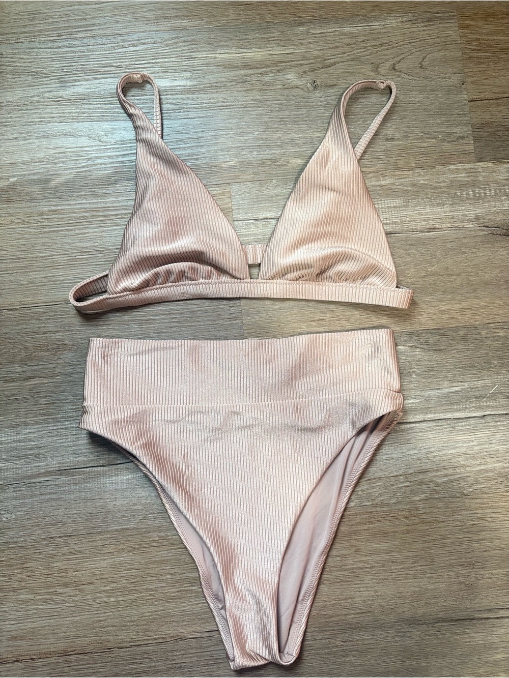 Aerie Rose Gold Ribbed Shine Bikini Set size M